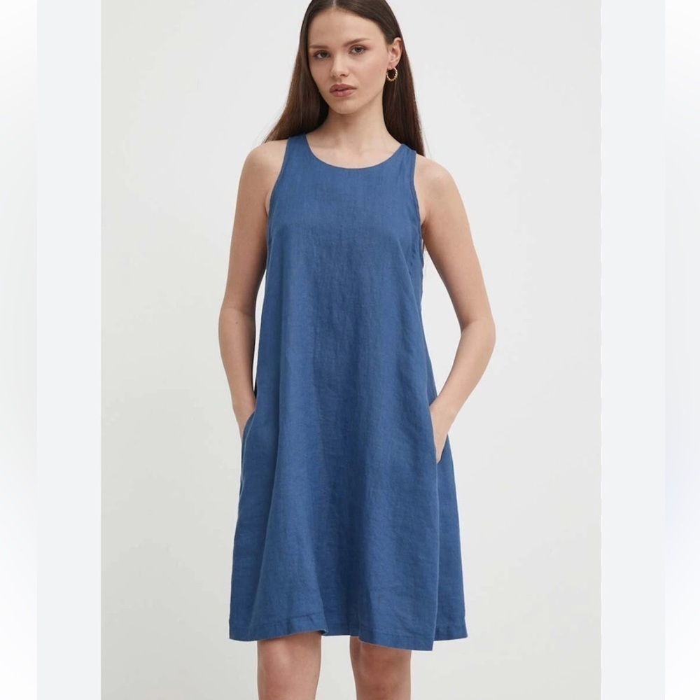 NWT United Colors Of Benetton Sleeveless Trapezoid Linen Dress, Pockets, Sz L